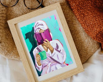 Langsamer Morgen Gemälde | Poster mit Frau im Bademantel lesen | Satin & Archival Matte Print | Lesung Druck | Badezimmer Druck | Farbenfroher Druck