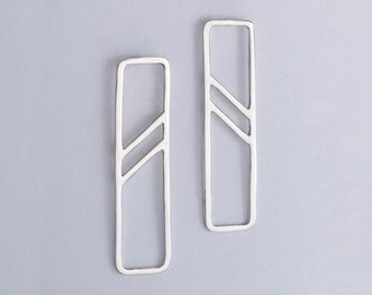 Sterling Silver Rectangle Earrings with Angled Stripes, Minimalist Geometric Jewelry