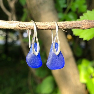 Sea Glass Earrings, 6 Colors Beach Glass Sterling Silver Earrings, Sea Glass Jewelry, Birthday gifts, Bridesmaids Gifts, Simple earrings Cobalt Blue