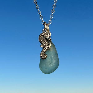 Sea Glass Necklace, Sea Glass Jewelry, Sterling Silver Necklace, Sea Glass, Beach Glass, Blue Sea Glass, Seahorse Charm