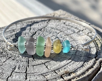 Stacking Sea Glass and Sterling Silver Bracelet, Sea Glass Jewelry, California Sea Glass, Hinge Bangle Bracelet, Gift for Mother’s Day