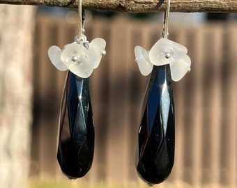 30mm Natural Black Onyx Teardrop Leverback Earrings, Solid 925 Sterling Silver, Onyx Dangle Earrings, Black Earrings, Black Drop Earrings