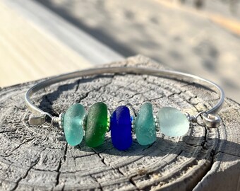 Stacking Sea Glass and Sterling Silver Bracelet, Sea Glass Jewelry, Seaham Sea Glass, Hinge Bangle Bracelet, Gift for Mother’s Day