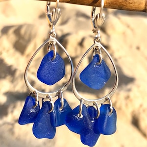 Genuine Sea Glass Earrings. Sea Glass Jewelry. Blue Chandelier Earrings. Cobalt Blue Sea Glass & Sterling Silver Earrings