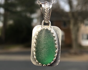 Forest Green Sea Glass  | Sea Glass Jewelry | Sea Glass set in Crown Gallery Wire Bezel | English Sea Glass| Beach Glass