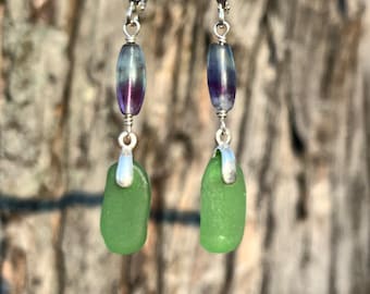 Fluorite and Sea Glass Earrings. Sea glass, Genuine Sea Glass, Sea Glass Jewelry. Sterling Silver Earrings, Gifts for Bridesmaids