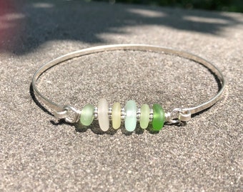 Sea Glass Bracelet, Sea Glass Jewelry, Sterling Silver Bracelet, 6 Color Sea glass Bangle Bracelet, Beach Glass, Gift for Mother’s Day