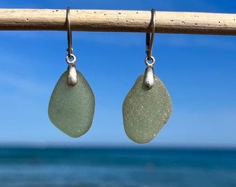 Olive Sea Glass Earrings. Genuine Sea Glass Earrings. Sea Glass Jewelry. Handmade Jewelry. Sea Glass Sterling Silver