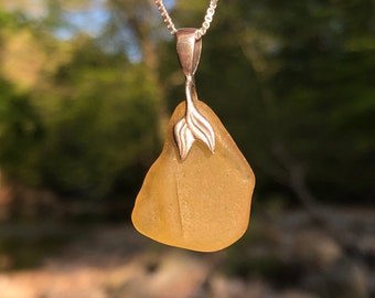 Yellow Sea Glass Sterling Silver Mermaid Tail Necklace