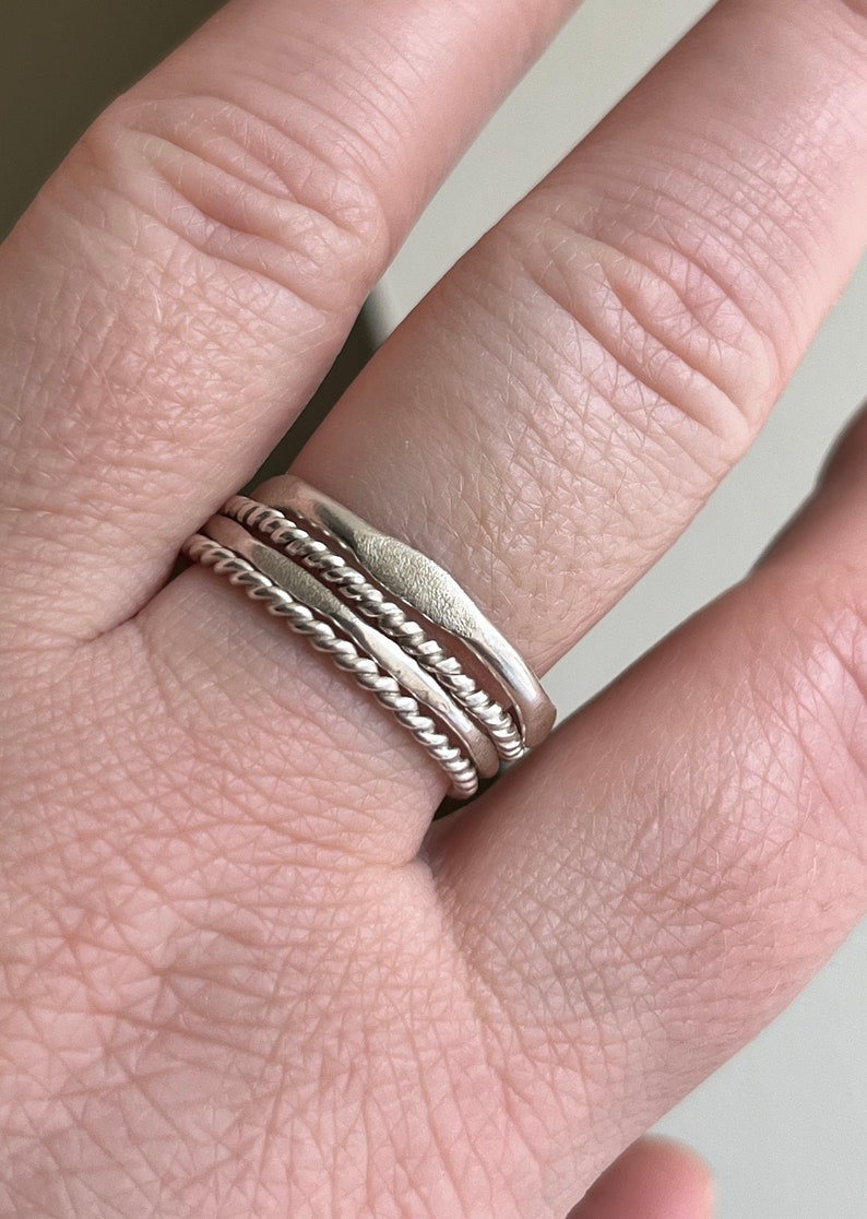 Stacking Rings, Set of 4: Twist Rings, Pave Hammered Textured Ring, Sterling Silver Stacker Rings, Minimalist Ring image 2