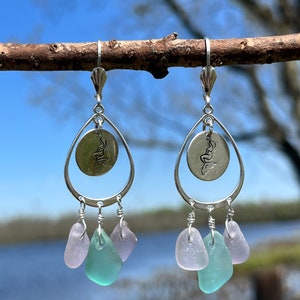 Mermaid Earrings, Sea Glass Earrings, Sea Glass Jewelry, Beach Glass Earrings, Gift for Her, Sterling Silver Hand Stamped Earrings
