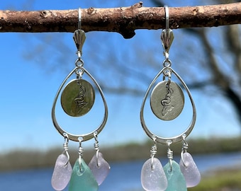 Mermaid Earrings, Sea Glass Earrings, Sea Glass Jewelry, Beach Glass Earrings, Gift for Her, Sterling Silver Hand Stamped Earrings