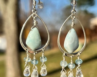 Natural Gemstones Earrings / Larimar Topaz Aquamarine Earring /Sterling Silver Earrings / Handmade Elegant Jewelry / Gift For Her