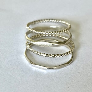 Stacking Rings, Set of 4: Twist Rings, Pave Hammered Textured Ring, Sterling Silver Stacker Rings, Minimalist Ring image 1