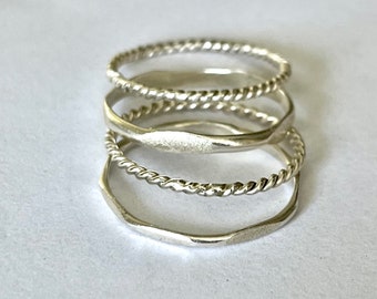 Stacking Rings, Set of 4:  Twist Rings, Pave Hammered Textured Ring, Sterling Silver Stacker Rings, Minimalist Ring