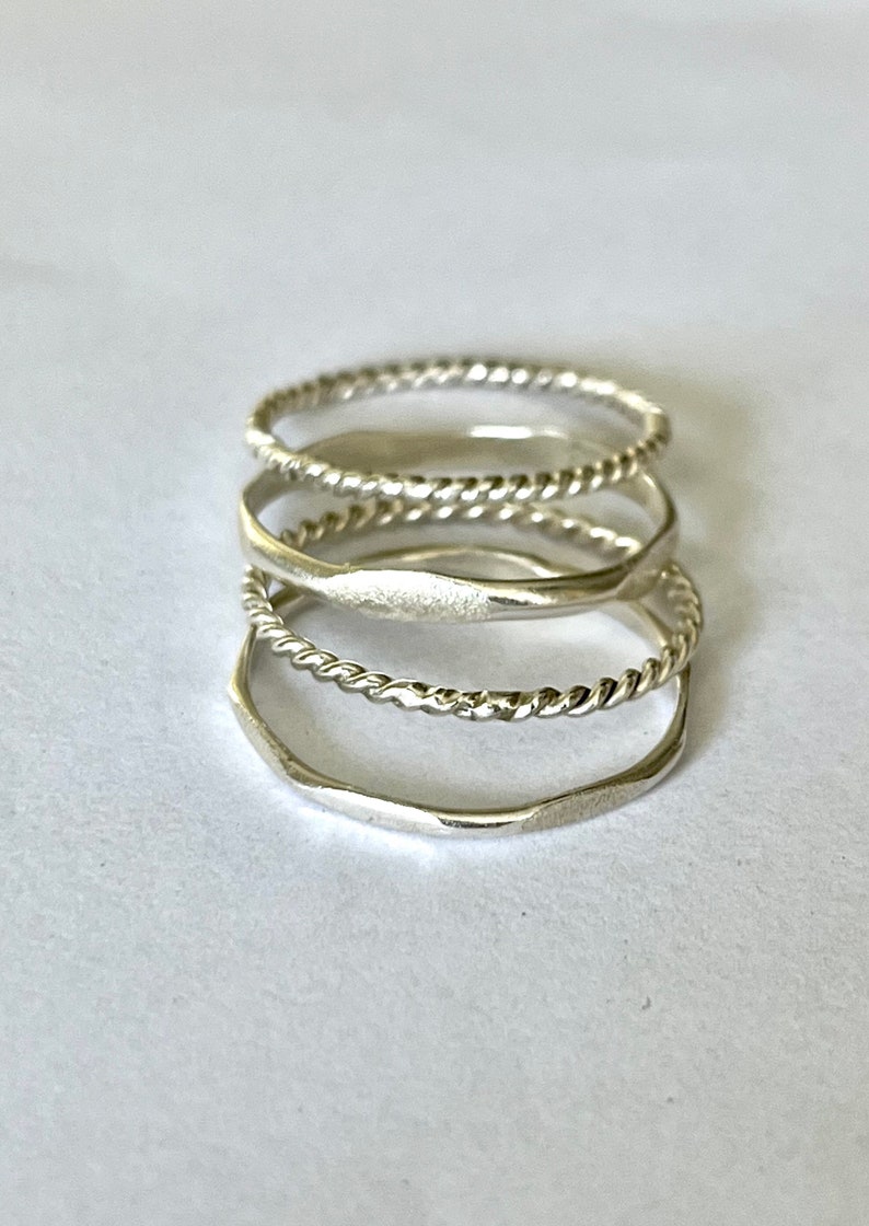 Stacking Rings, Set of 4: Twist Rings, Pave Hammered Textured Ring, Sterling Silver Stacker Rings, Minimalist Ring image 1