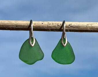 Large Green Sea Glass Earrings. California Sea Glass Earrings. Sea Glass Jewelry. Gift Handmade Jewelry. Sea Glass and Sterling Silver