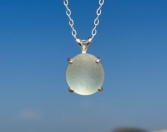 Sea Glass Necklace, White Glass Pendant, Sea glass jewelry, Sterling Silver Prong Necklace, Beach Glass Necklace, Beach Glass Jewelry