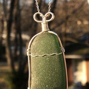 Big Forest Green Sea Glass Pendant, Sea Glass Jewelry, Genuine Sea Foam Sea Glass & Sterling Silver Pendant