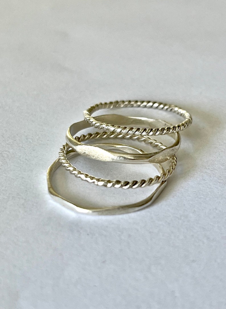 Stacking Rings, Set of 4: Twist Rings, Pave Hammered Textured Ring, Sterling Silver Stacker Rings, Minimalist Ring image 3