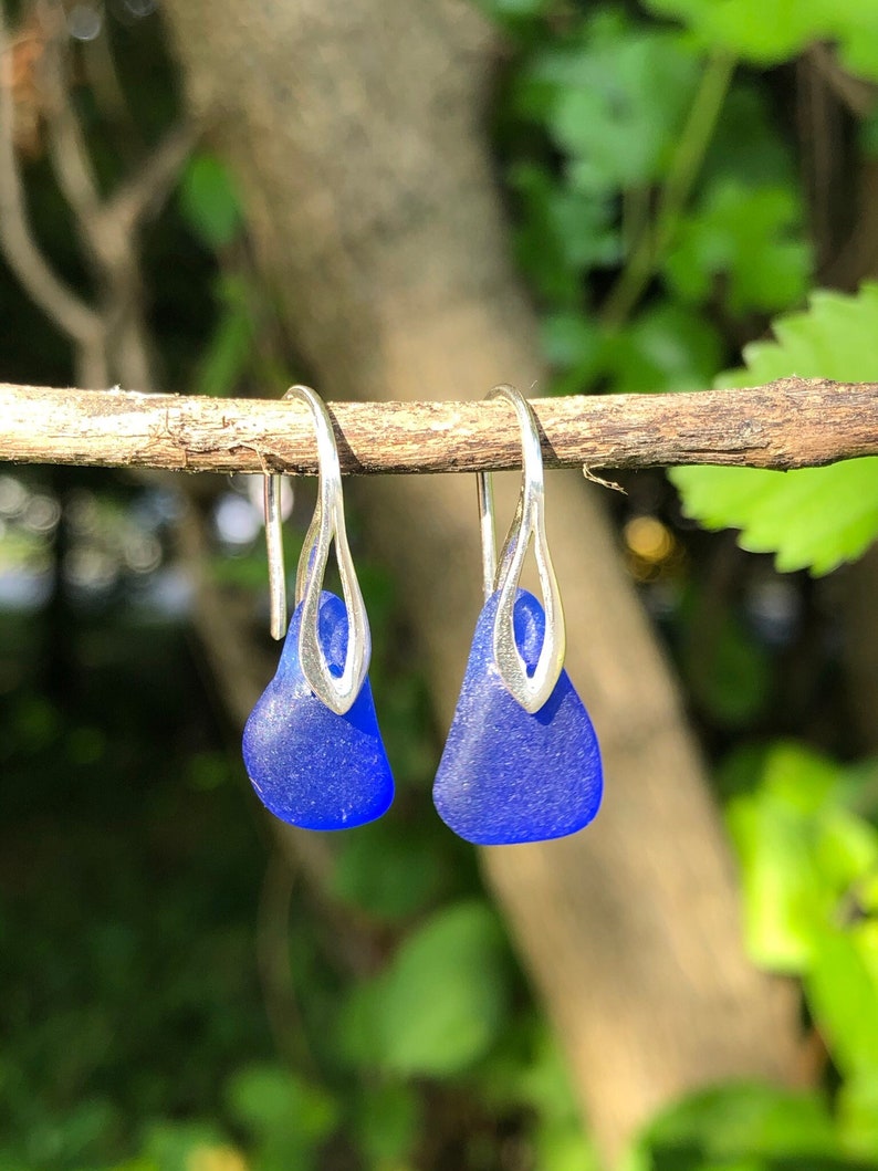 Sea Glass Earrings, 6 Colors Beach Glass Sterling Silver Earrings, Sea Glass Jewelry, Birthday gifts, Bridesmaids Gifts, Simple earrings Cobalt Blue