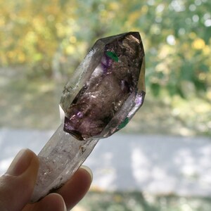Smoky Quartz/Amethyst Scepter with 2 Enhydros, Lepidachrosite & Hematite, from Lusaka Zambia, 3.58"x1.31"x1.10", 78.6 grams.