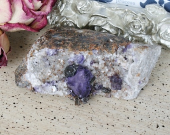 Purple Fluorite Cube Crystal with Dolomite & Sphalerite on Limonite, from Elmwood Mine, Tennessee, 3.33"x1.64"x2.13", weight: 170.5 grams
