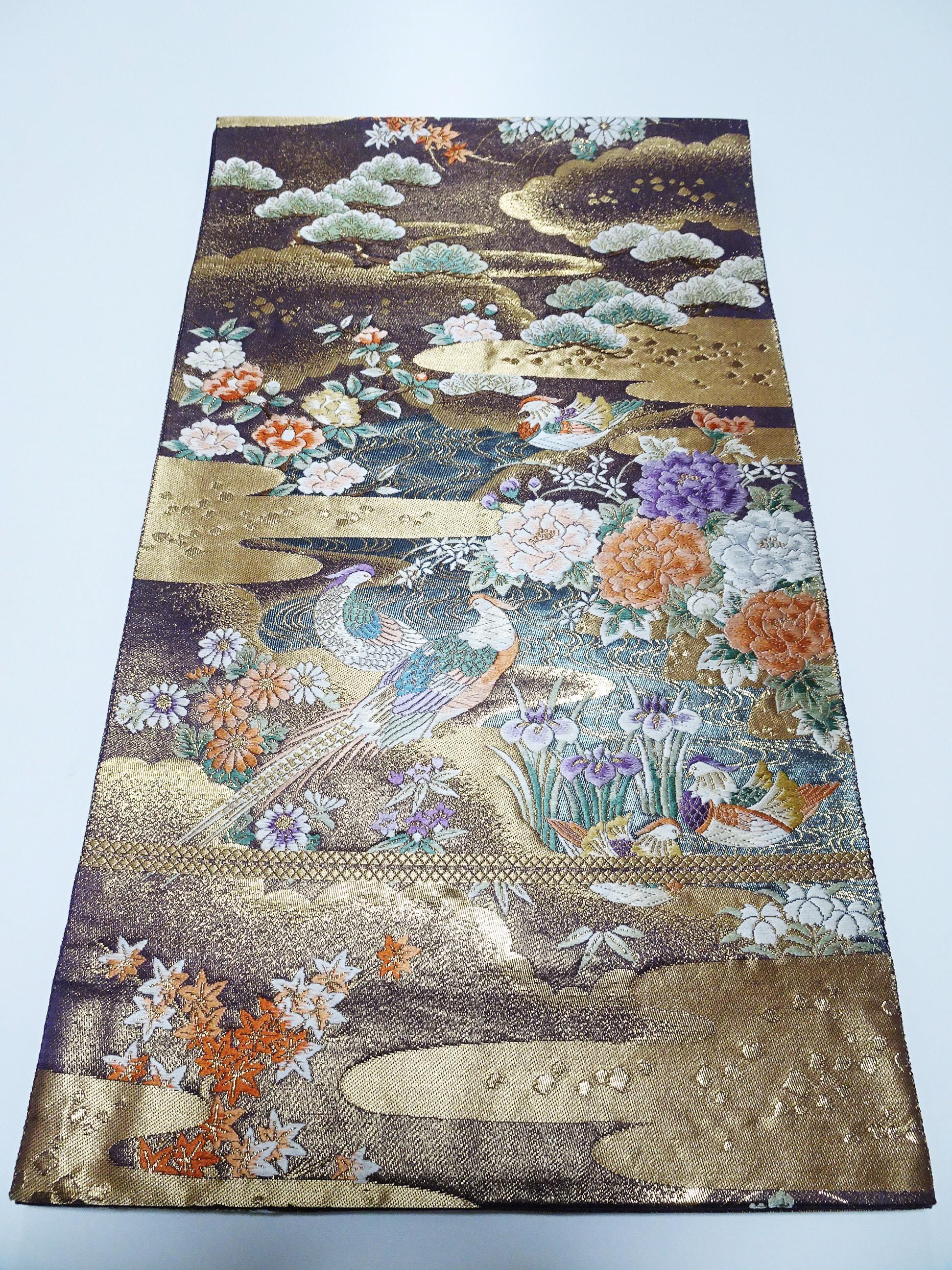 日本製着物シルク袋帯 24Kゴールド 織り模様 鳥と花 12161 - Etsy 日本