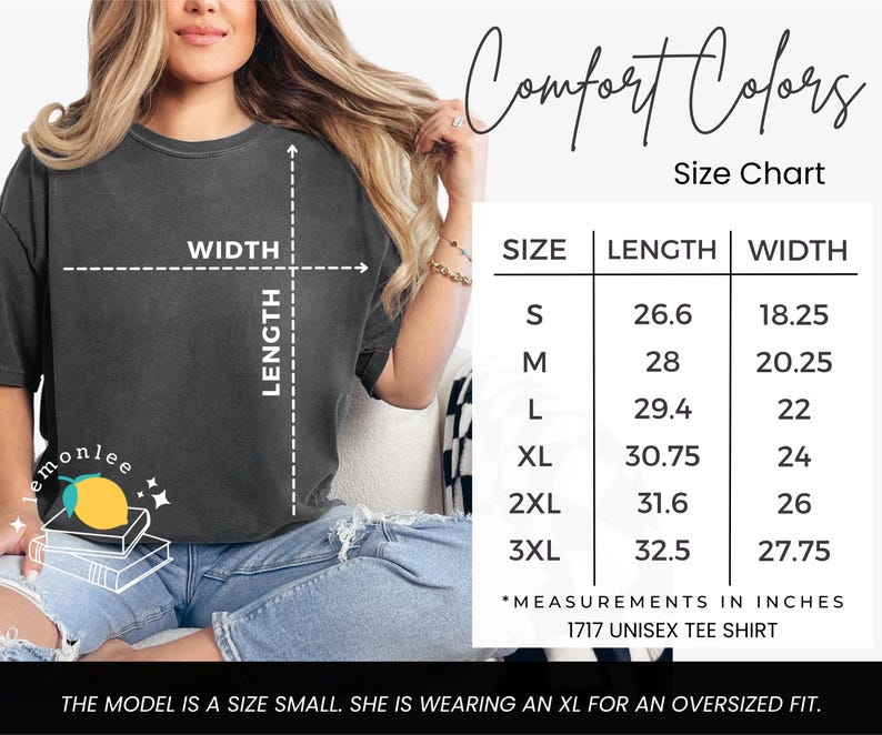 May include: A dark gray unisex tee shirt with a size chart. The chart shows measurements in inches for sizes S to 3XL. The model is wearing an XL for an oversized fit. The shirt is a 1717 unisex tee shirt.