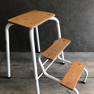 Tiny vintage stool stepladder white metal wood 70s flower bench kitchen stool flower ladder