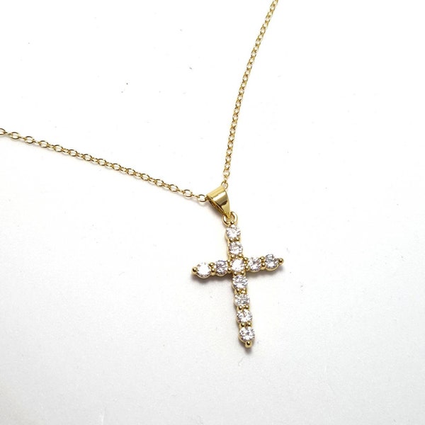 Collier croix zircon- religion - gold plated - women