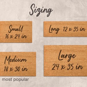 four different sizes of rectangular door mats, each with a corresponding text indicating the size in inches.