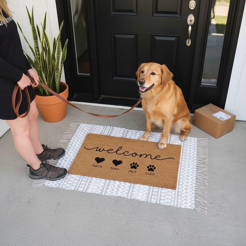 A golden retriever dog sitting on a welcome mat with the words "Welcome" and the names "Tanya", "Toby", and "Cloe" printed on it, along with paw prints. A person is standing next to the dog, and there is a cardboard box and a potted plant nearby.