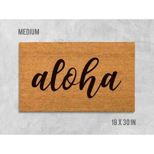 a rectangular, light brown, textured area with the word "aloha" written in a cursive font.