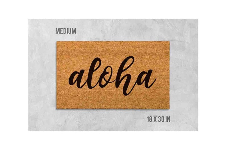 a rectangular, light brown, textured area with the word "aloha" written in a cursive font.