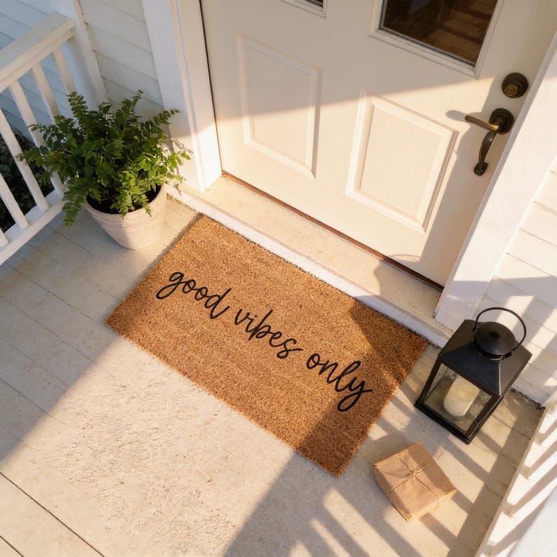 a porch with a wooden door, a black lantern, a potted plant, and a welcome mat with the text "good vibes only" written on it.