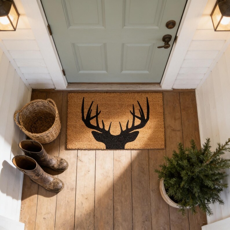 a wooden floor with a mat displaying a deer head design, a pair of boots, a basket, and a potted plant.