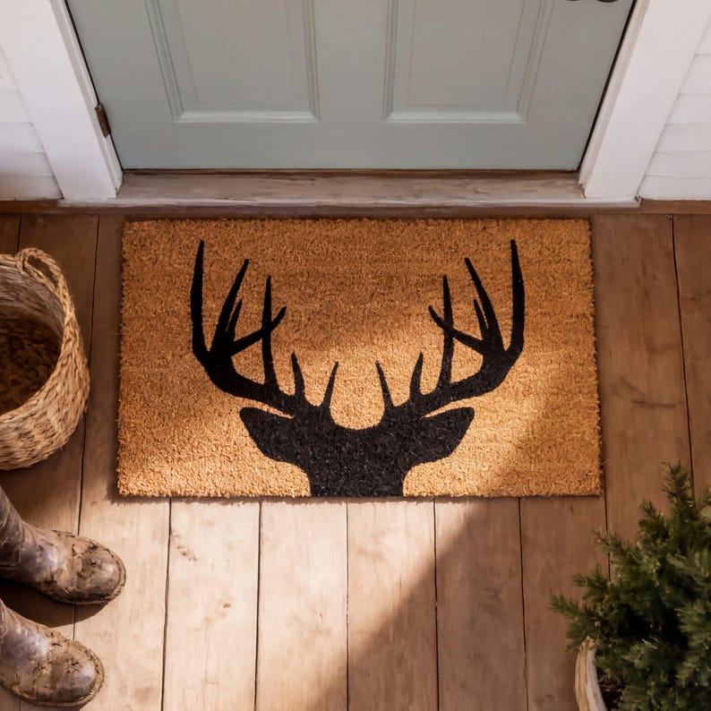 A wooden door with a mat featuring a deer head silhouette, a woven basket, and a potted plant on the floor.