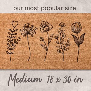 Floral Door Mat: Wildflowers Design - Natural Coir Fiber Medium 18 x 30 (Standard Size)