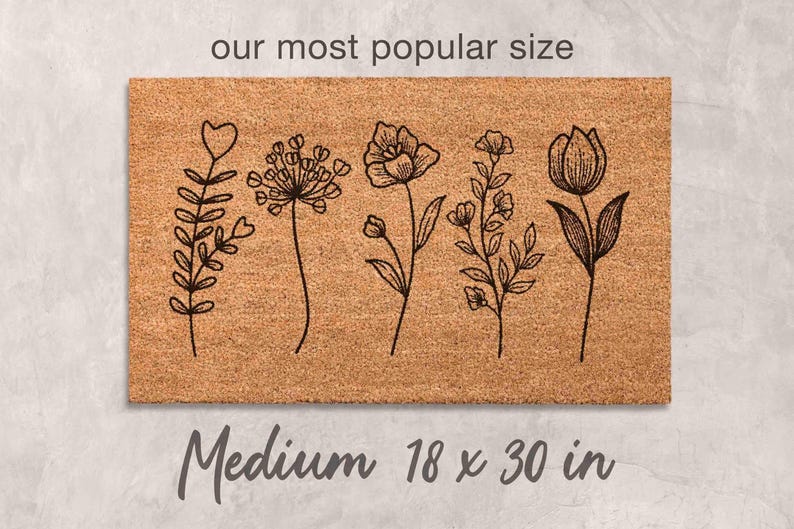 Floral Door Mat: Wildflowers Design - Natural Coir Fiber Medium 18 x 30 (Standard Size)