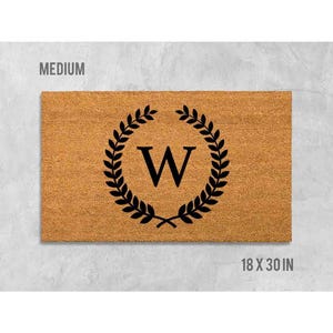 Custom Family Doormat, Initial with Laurel Wreath (Natural Coir, Non-Slip)