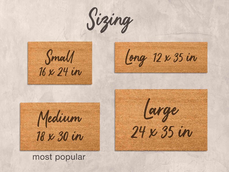 four different sizes of rectangular door mats, each with a corresponding text indicating the size in inches.