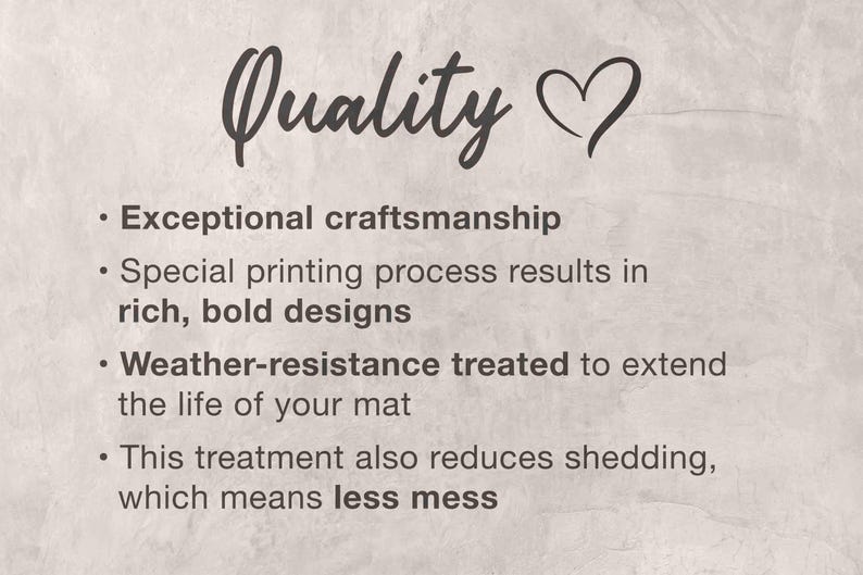 a text that describes the quality of a product, highlighting its exceptional craftsmanship, special printing process, weather-resistance treatment, and the benefits of this treatment in terms of extending the life of the mat and reducing shedding.