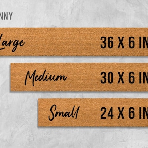 three rectangular door mat sizes labeled in inches: Large (36 X 6 In), Medium (30 X 6 In), and Small (24 X 6 In).