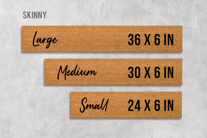 three rectangular door mat sizes labeled in inches: Large (36 X 6 In), Medium (30 X 6 In), and Small (24 X 6 In).