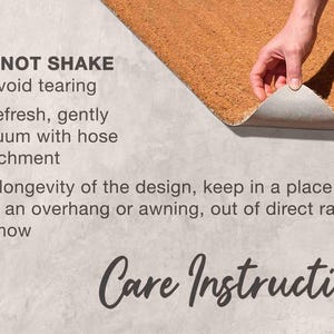 a hand holding a piece of carpet, with text providing care instructions for the carpet.