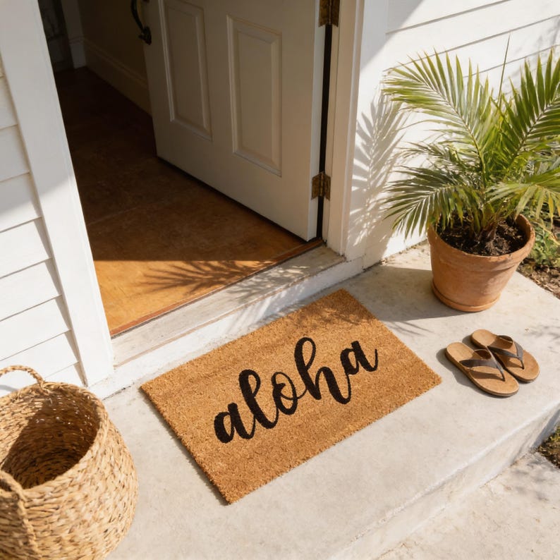 a wooden door with a "aloha" mat placed on the front step, a potted plant, and a woven basket.