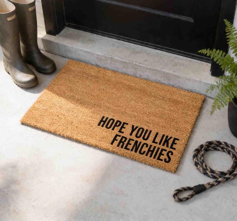 A textured door mat with the phrase "HOPE YOU LIKE FRENCHIES" printed on it, placed on a concrete floor next to a pair of boots and a plant.