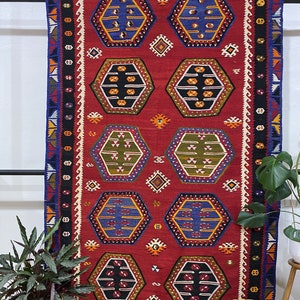 Turkish 5x10ft Living Room Rug | Antique Anatolian Kilim Rug | Handmade Turkish Area Rug | Kilim Rug 5x13ft Red Colored Area Rug