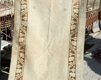 Bohemian Antique 1940's Wool Pile Muted Natural Dye Oushak Area Rug 3'7"×7'8"